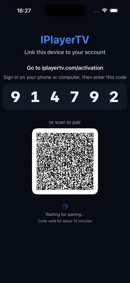 IPlayerTV on iPhone showing the activation address, a six-digit pairing code and a QR code