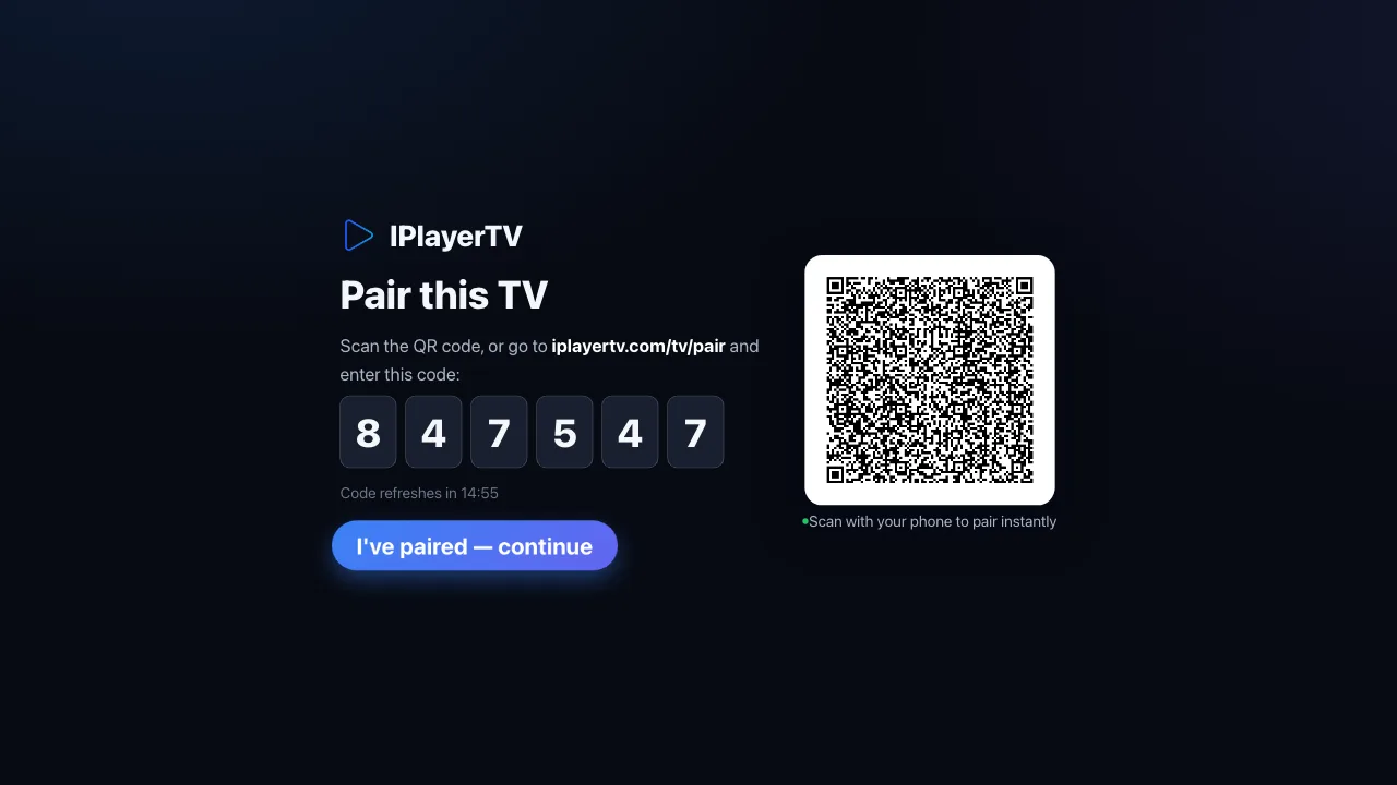 IPlayerTV on an LG Smart TV showing a six-digit pairing code and a QR code
