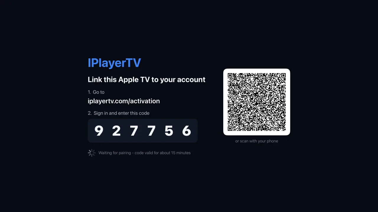 IPlayerTV on Apple TV showing the activation address, a six-digit pairing code and a QR code